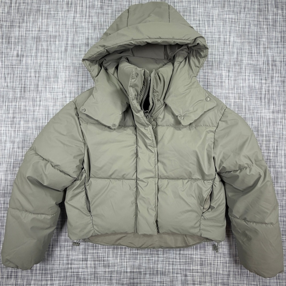 Zara Womens Cropped Hooded Puffer Jacket XS Khaki Sage Green Polyester Fill